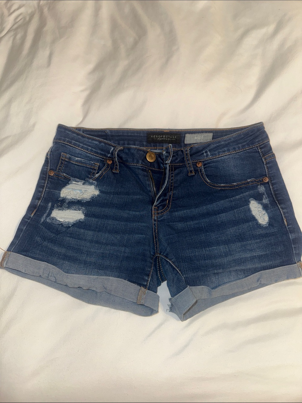 Aeropostale Blue Distressed Rolled-Hem Denim Shorts - Women